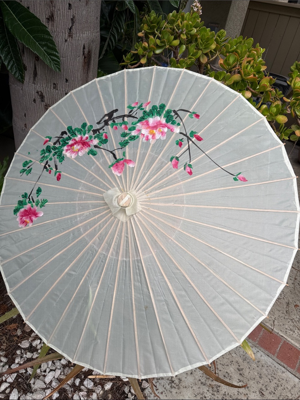 Vintage Hand-Painted Floral Handmade Parasol - Soft White with Pink Flowers